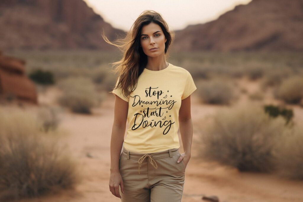 round neck tee mockup of a woman generated by ai on a desert m36195 | Empowering T-Shirts by Quotnair