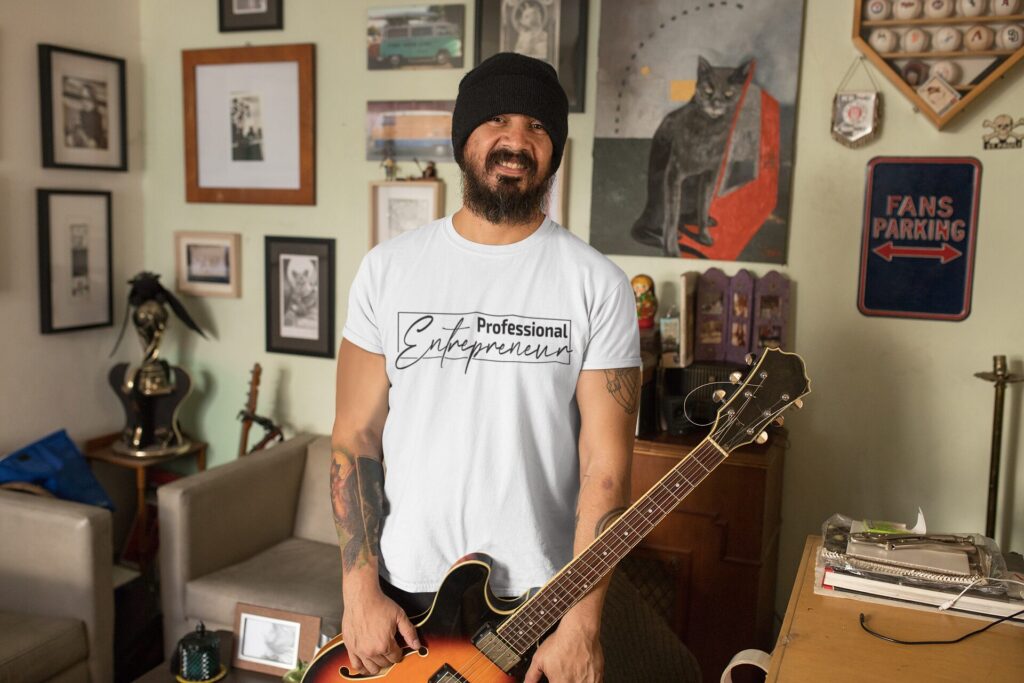 t shirt mockup of a man with his electric guitar at home 32836 | Empowering T-Shirts by Quotnair