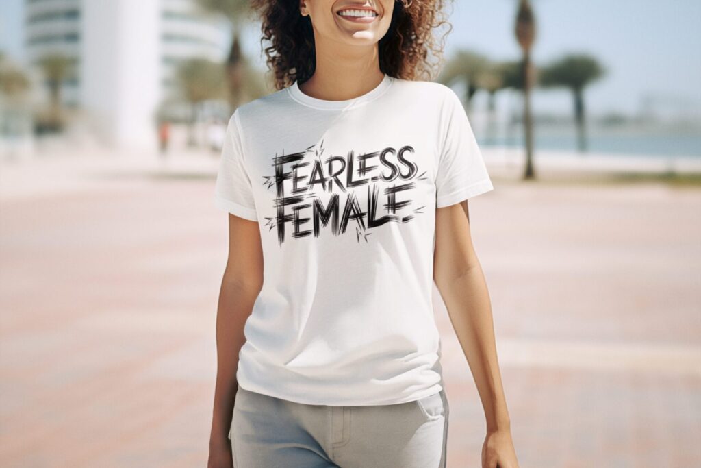 round neck t shirt mockup of an ai generated cropped face woman smiling in the street m36059 | Empowering T-Shirts by Quotnair