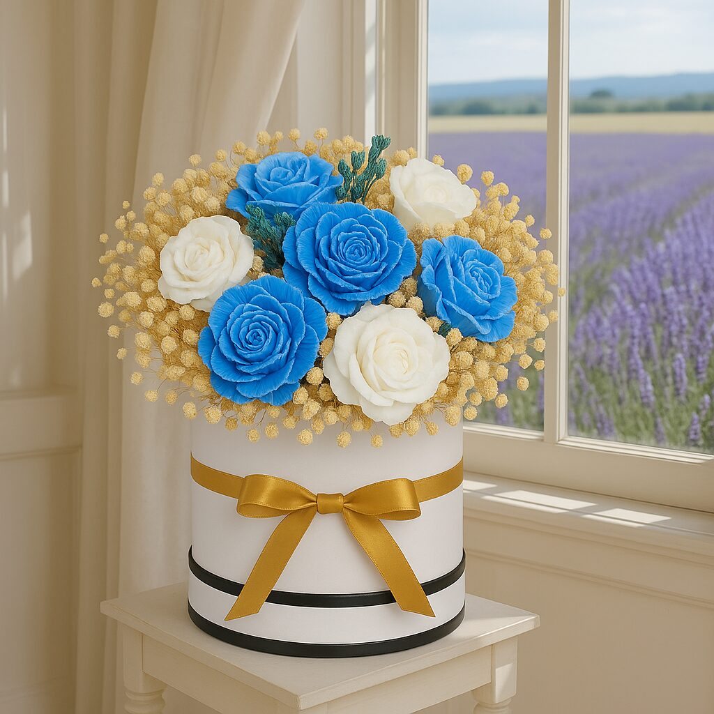 Handmade flower-shaped candle bouquet by Kenda Rose – elegant blue, white, and gold arrangement in gift box